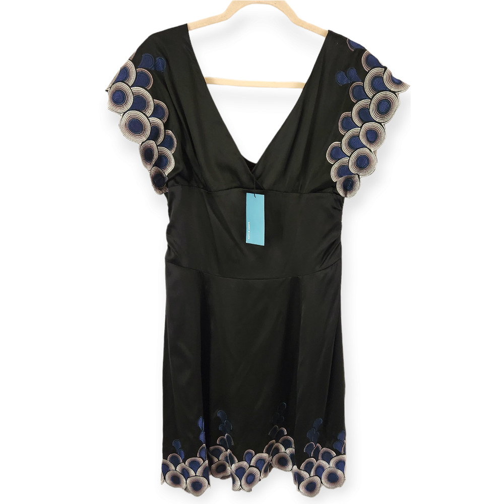 Karen Millen Black Silk Satin Embroidered Kimono Sleeve Dress Size 10 NWT